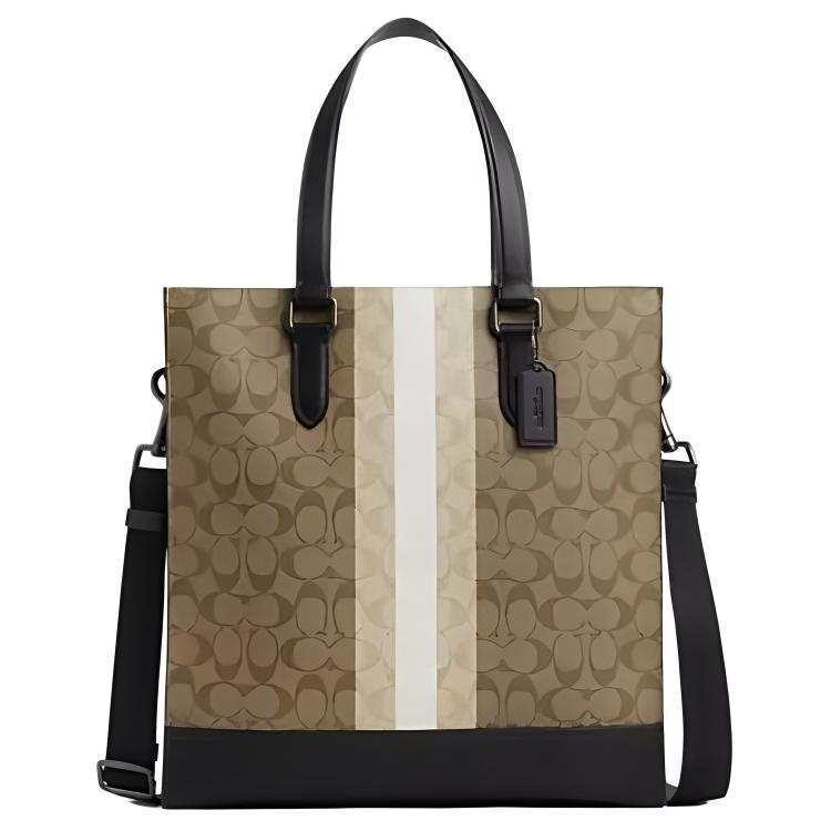 COACH Graham Coated Canvas And Smooth Calfskin Tote Bag, Shopping Bag One Shoulder Handbag Large Unisex Brown & Khaki