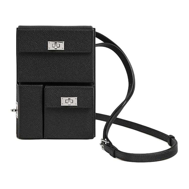 HERMES Silver Tone Buckle Epsom Leather Crossbody Bag, Shoulder Bag Unisex 89 Noir Black