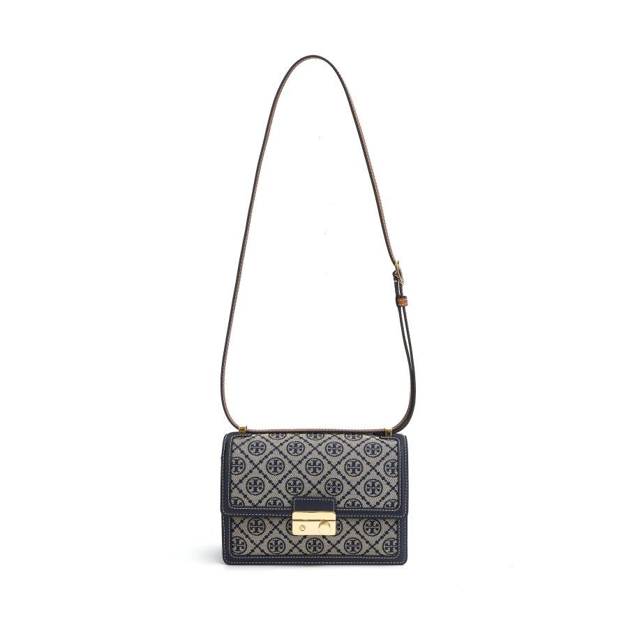 TORY BURCH T Monogram Jacquard Fabric With Leather Crossbody Bags Unisex Gray & Blue