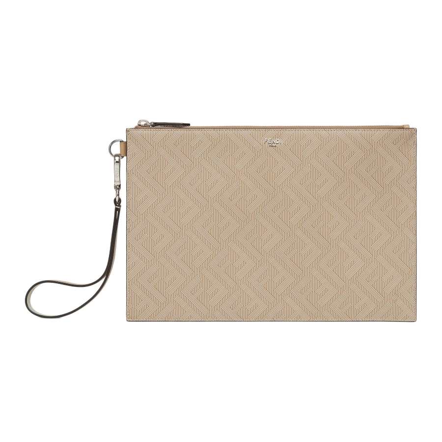 FENDI Shadow Calfskin Clutch Men's Beige