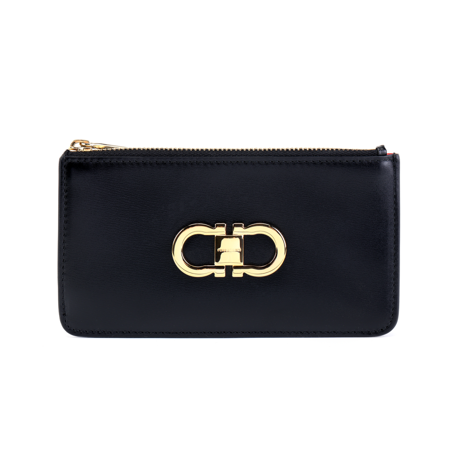 FERRAGAMO Gancini Palm Calfskin Card Holder Women's Black & Flame Red
