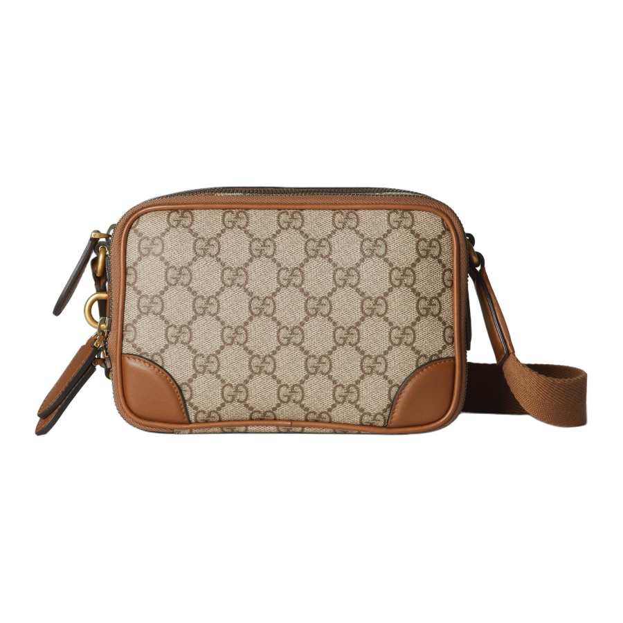 GUCCI GG Emblem Fabric Shoulder Bag Extra Mini Men's Beige & Dark Brown