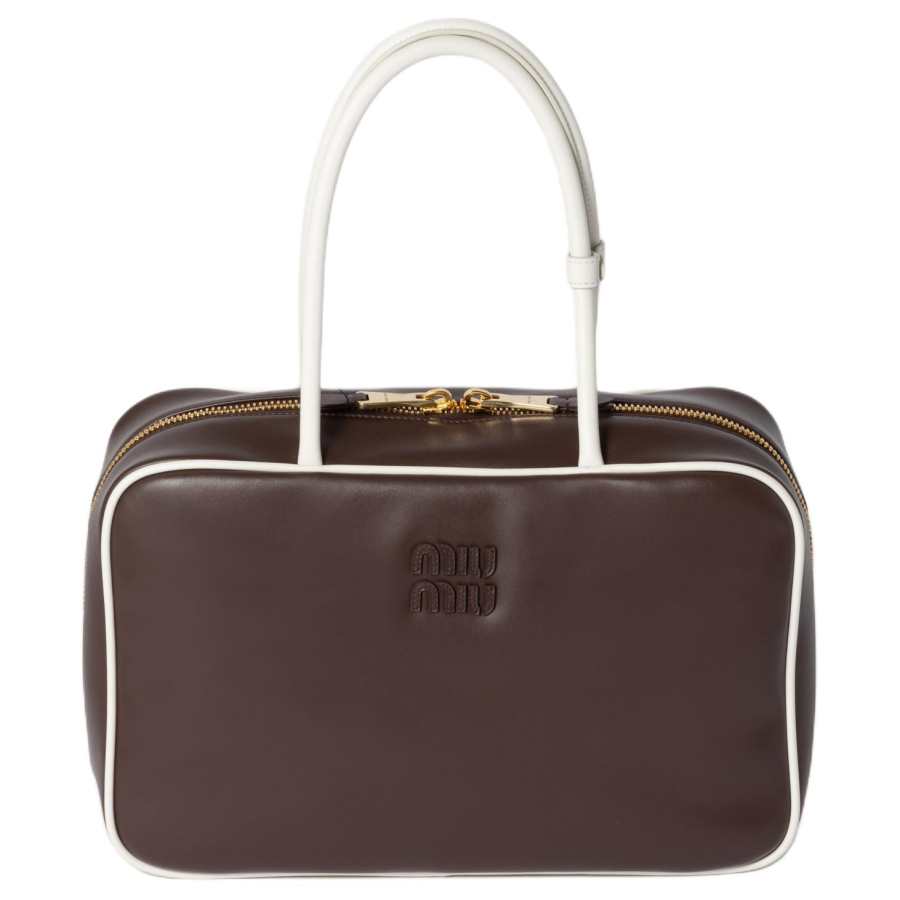 MIU MIU Beau Leather Handbag Women's Briarwood & White