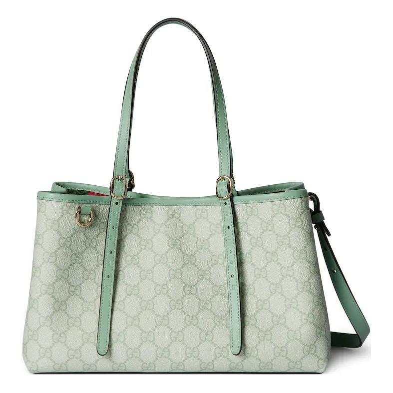 GUCCI GG Emblem Leather Tote Bag, Shopping Bag, Shoulder Bag, Crossbody Bag, Handbag Small Women's Gray Green