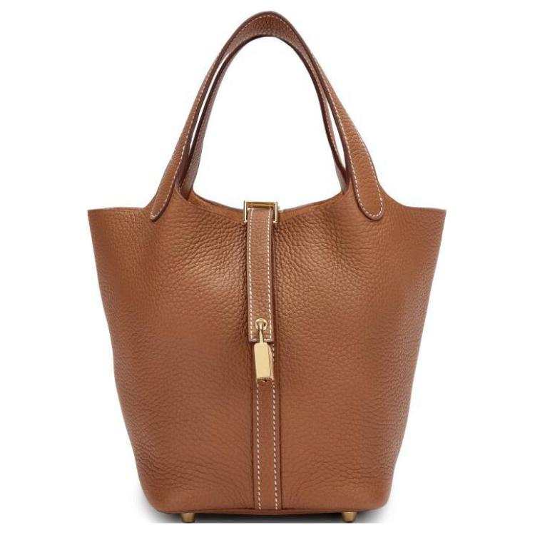 HERMES Picotin Lock Clemence Bullock Leather Basket Bag, Bucket Bag, Handbag 18 Women's 37 Gold Brown