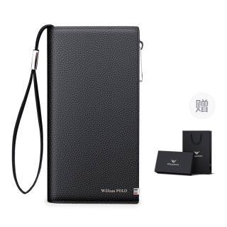 WilliamPOLO Cow Leather Long Multifunction Wallet Coin Zipper Handbag Regular Men's Black