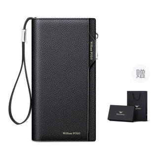 WilliamPOLO Top Grain Cow Leather, Genuine Leather Long Wallet Coin Purse Men's Black/Coffee