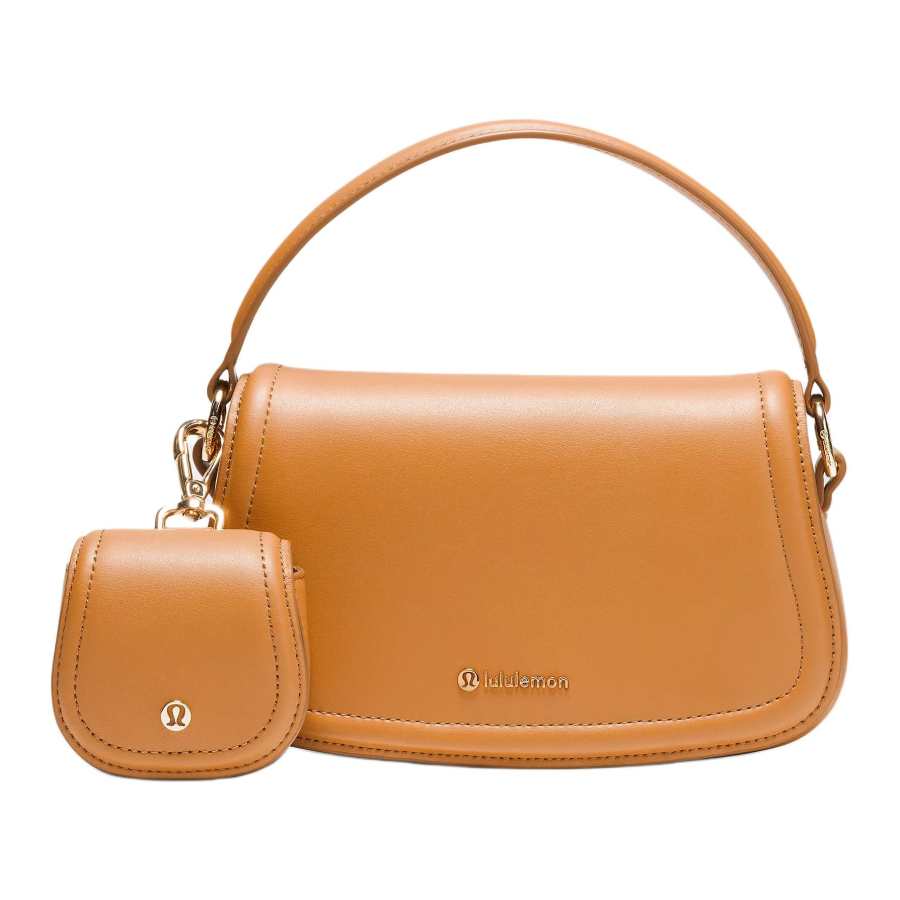 Lululemon Leather Shoulder Bag, Crossbody Bag, Handbag Mini Women's Chestnut Brown & Gold