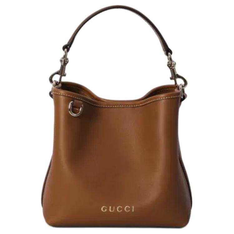 GUCCI GG Emblem Calfskin Bucket Bag, One Shoulder Handbag Mini Women's Brown