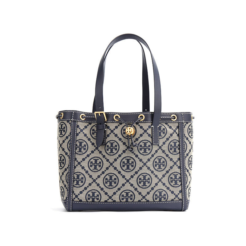TORY BURCH T Monogram Woven Jacquard With Leather Bucket One Shoulder Handbag Small Women's Marine Blue