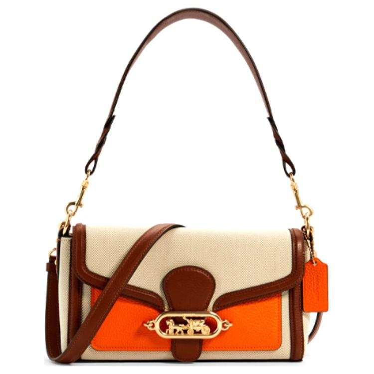COACH Jade Canvas With Pebble Texture Leather Shoulder Bag, Portable Crossbody Bag Medium Women's Beige & Brown Orange