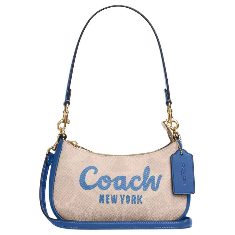 COACH Teri Coated Canvas With Leather Crossbody Bag, Shoulder Bag Small Women's Beige & Blue