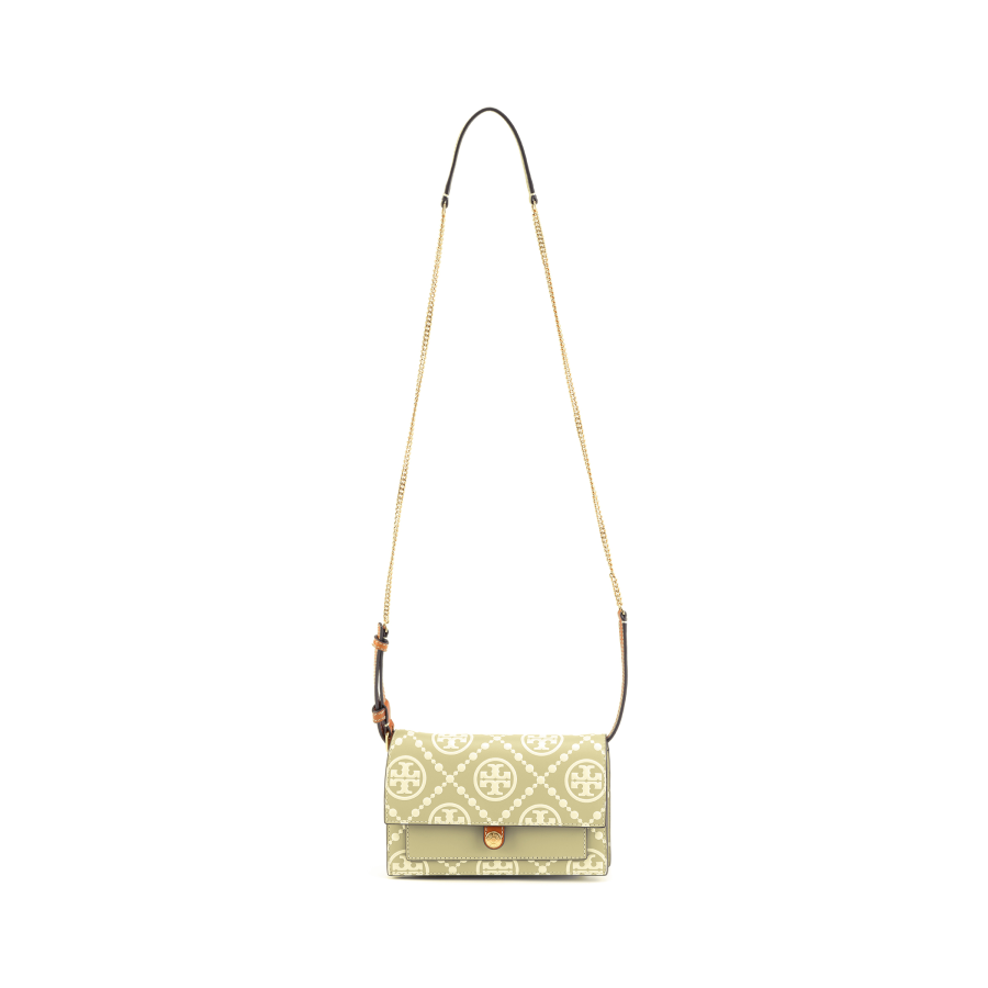 TORY BURCH T Monogram Embossed Leather One Shoulder Wallet Crossbody Bag Women's Olive Green