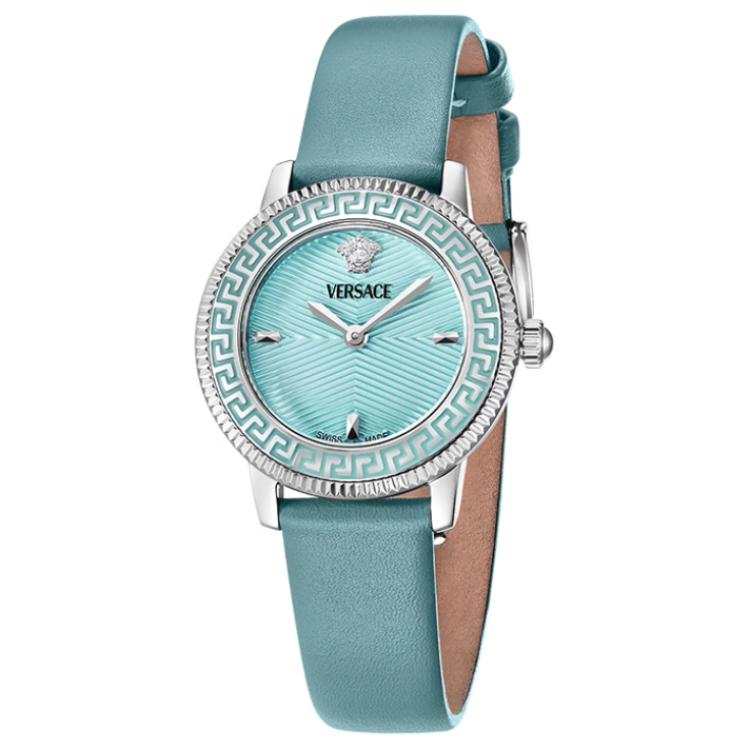 VERSACE Wrist Watches Quartz Movement Cow Leather Strap 30mm Blue Dial Women's Watch Pink Ink Floral Box+Scarf