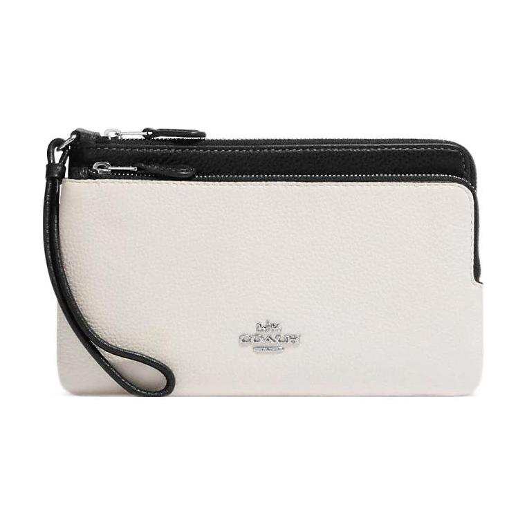 COACH Double Zip Wallet Pebbled Leather Clutch Wallet Women's White & Black