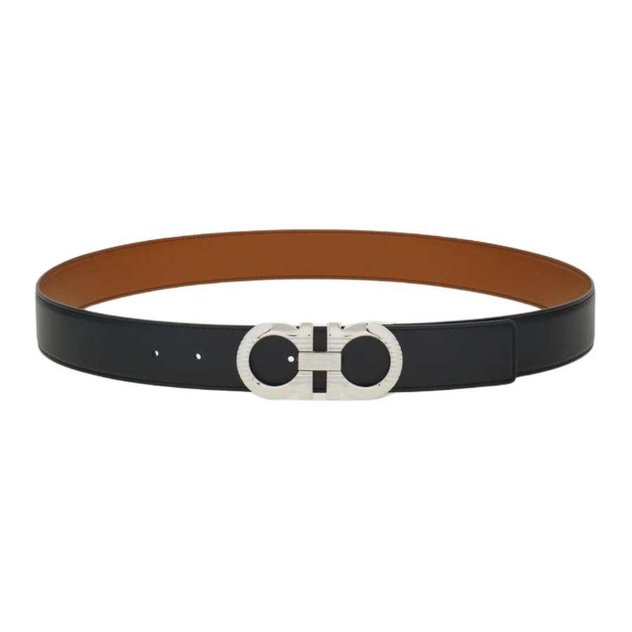 FERRAGAMO Metal Calfskin Leather Belts Men's Black Width 3.5cm