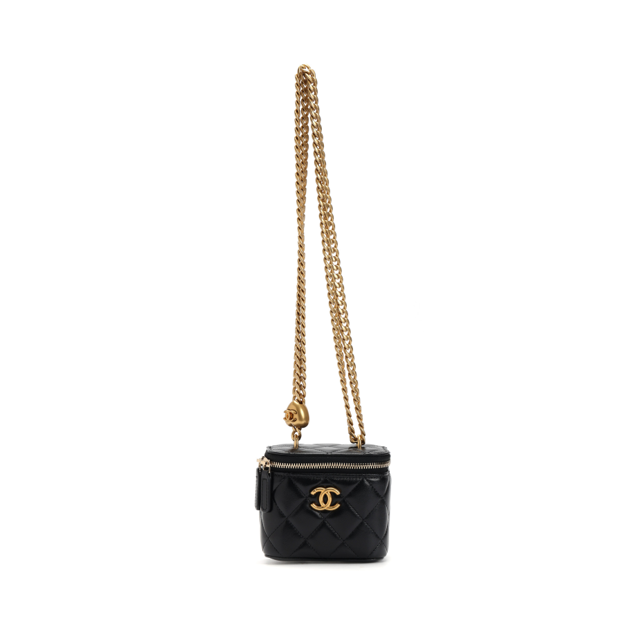 CHANEL Shiny Lambskin With Gold Metal Crossbody Handbag, Shoulder Bag Small Women's Black