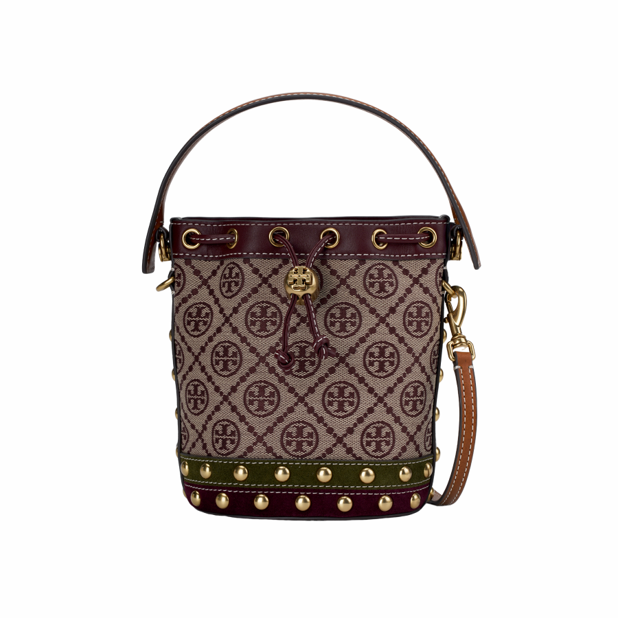 TORY BURCH T Monogram Jacquard With Leather Trim Bucket Bag, Handbag, Shoulder Bag, Crossbody Bag Mini Women's Dark Red