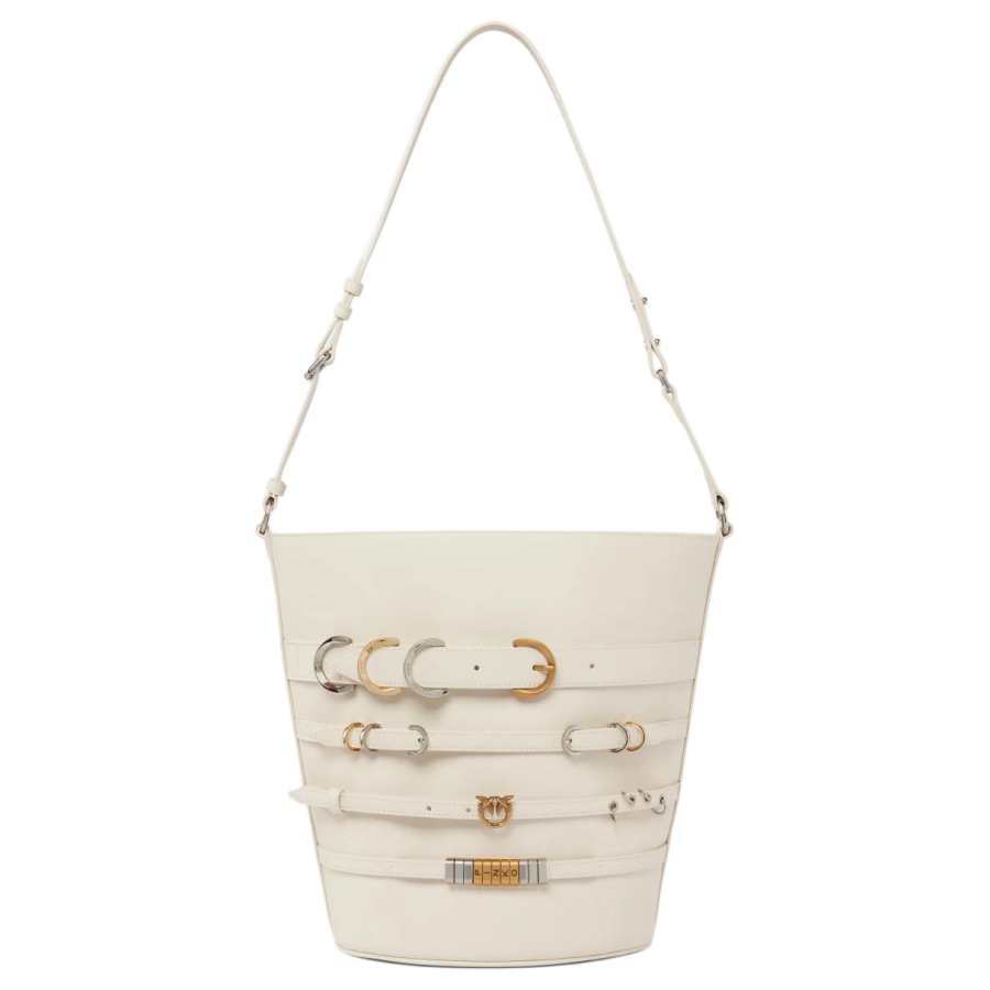 PINKO Cow Leather Bucket Bag, Shoulder Bag Large Women's White