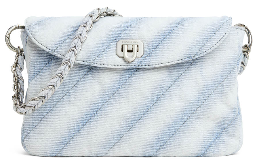 CHARLES&KEITH PU, Textile Mixture Crossbody Bag, Shoulder Bag Medium Women's Light Washed Denim Light Denim Blue
