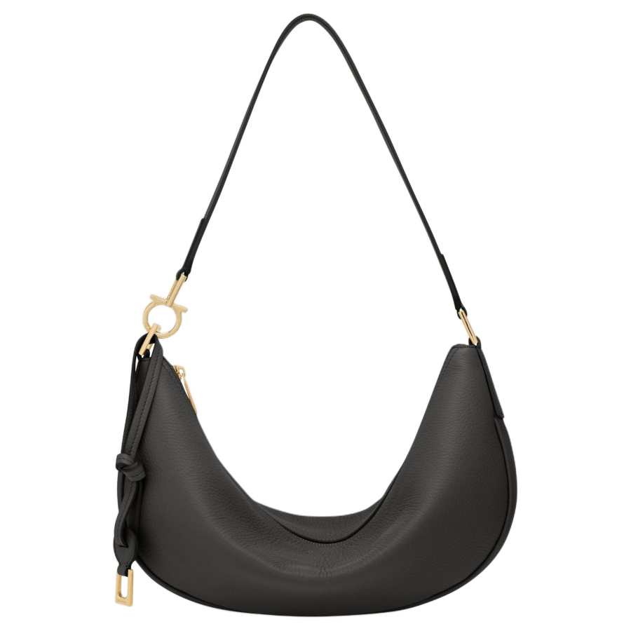 FERRAGAMO Cow Leather Crescent Bag Shoulder Bag Medium Women's Black