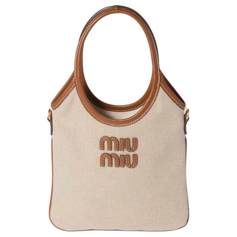 MIU MIU Ivy Cotton One Shoulder Handbag Regular Women's Beige & Brandy