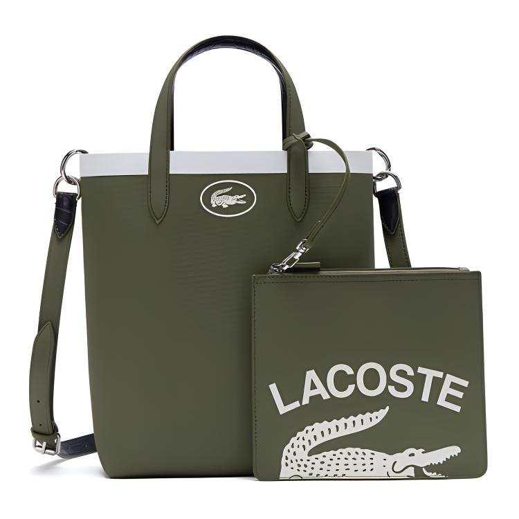 LACOSTE PVC Tote Bag, Shopping Bag, Shoulder Bag, Crossbody Bag, Handbag Medium Women's Olive Green & Dark Blue