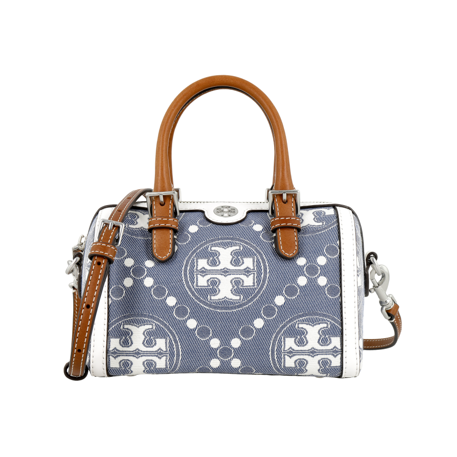 TORY BURCH T Monogram Denim Jacquard With Calfskin Trim Boston Bag, Crossbody Handbag Small Women's Pearl Blue