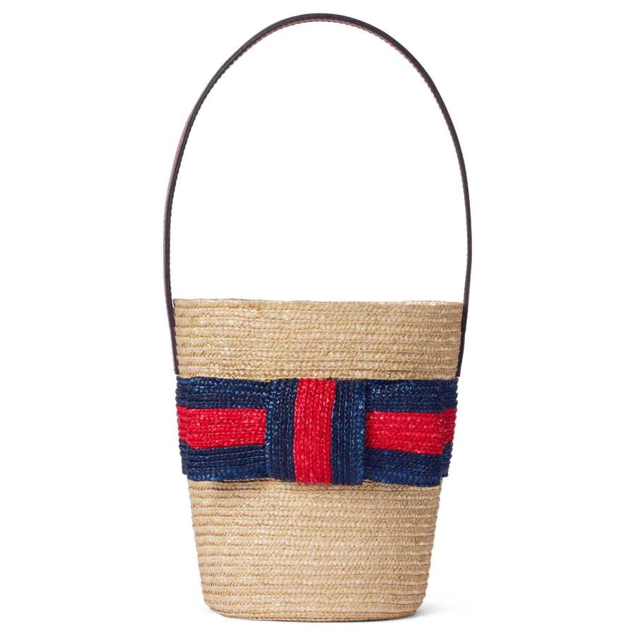 GUCCI Straw Bucket Bag Handbag Kids' Natural & Blue & Red