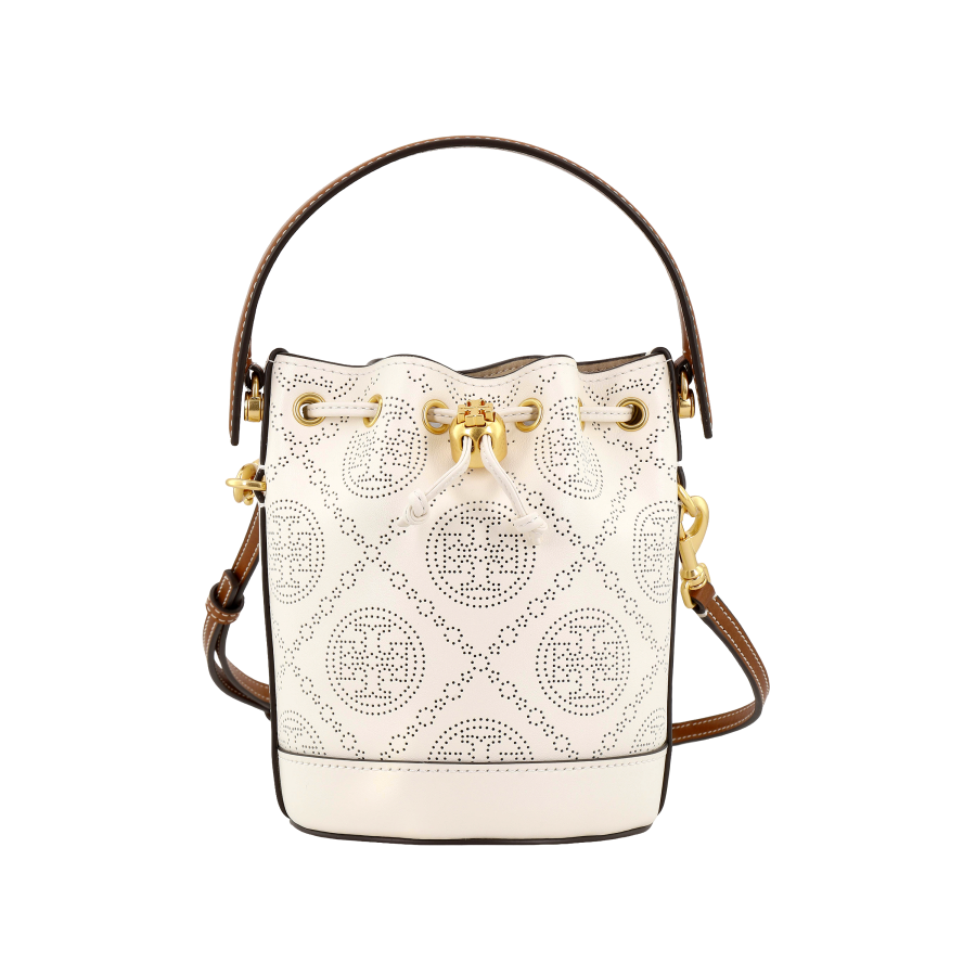 TORY BURCH T Monogram Leather Bucket Bag, Shoulder Bag, Crossbody Bag, Handbag Mini Women's Ivory White
