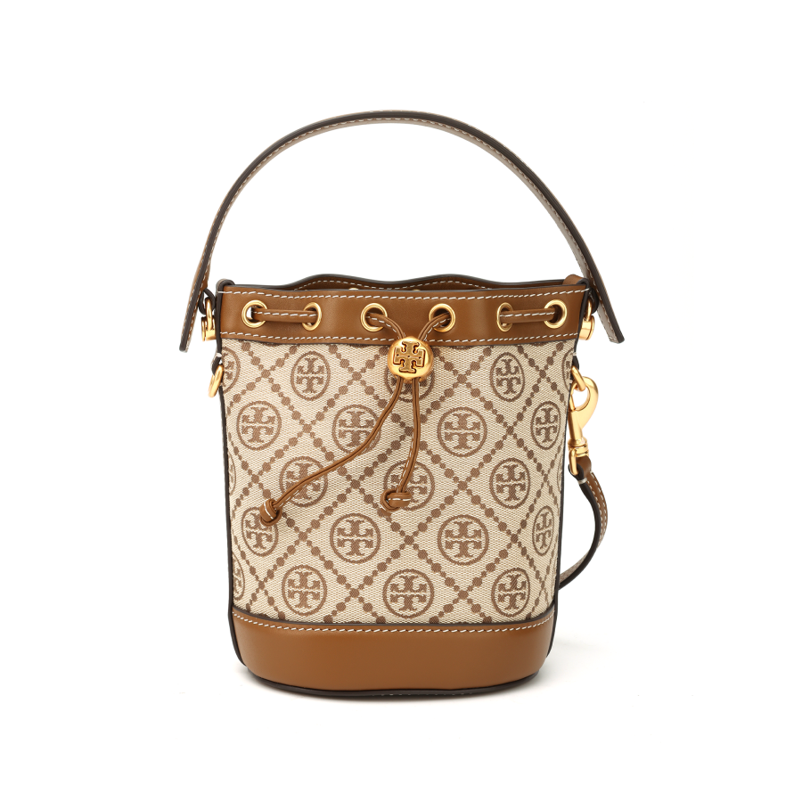TORY BURCH T Monogram Woven Jacquard With Leather Trim Bucket Bag Handbag Mini Women's Hazelnuts Brown