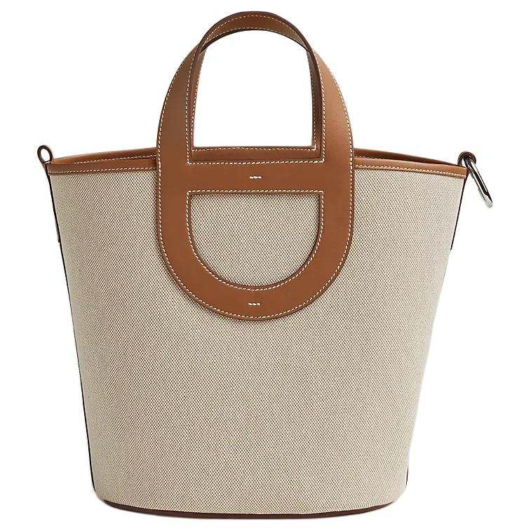 HERMES Canvas With Swift Calfskin Canvas Bag, Bucket Bag, Handbag Women's Light Beige & Beige & Gold
