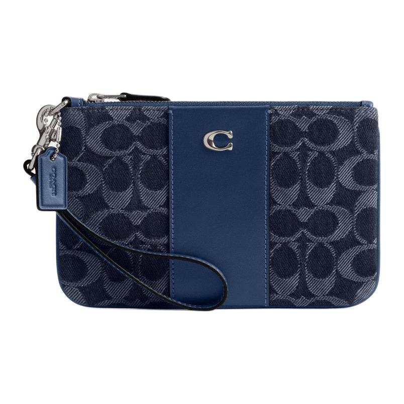 COACH Essential Denim With Refined Calfskin Leather Clutch Small Women's Dark Blue & Mixed Color
