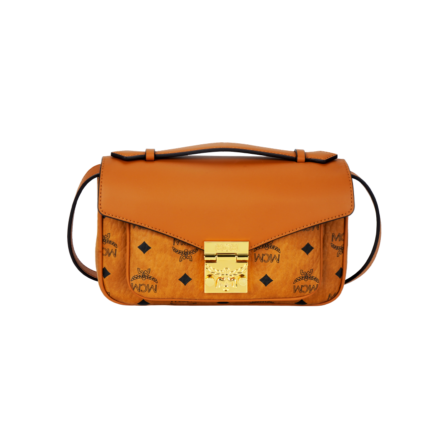 MCM Tracy Coated Canvas With Leather Shoulder Bag, Crossbody Bag, Handbag Medium Women's Cognac Brandy