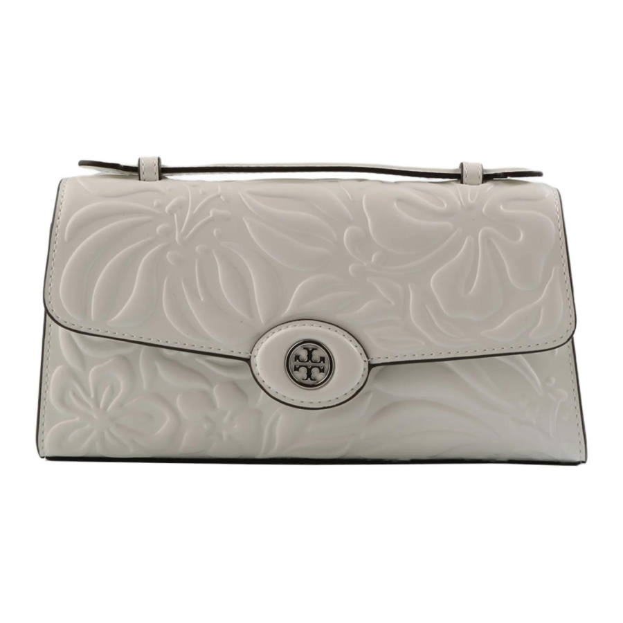 TORY BURCH TORY BURCH Robinson Floral Embossed Top Handle Chain Wallet Blanc