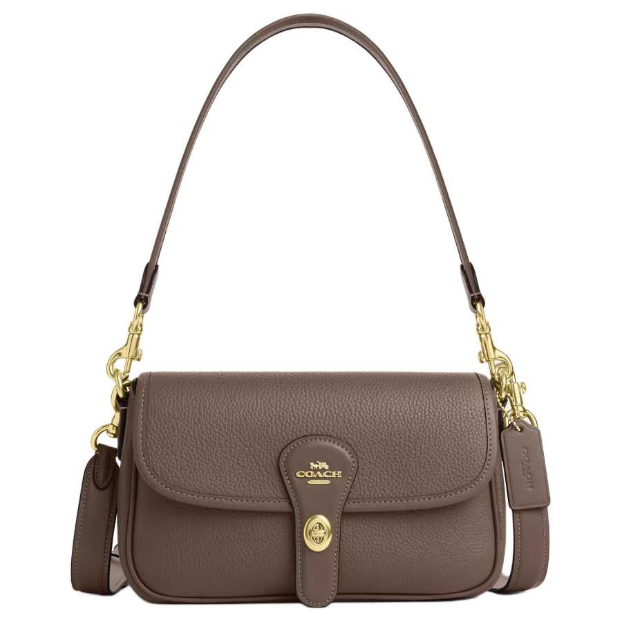 COACH Hadley Litchi Grain Leather Shoulder Bag Medium Women's Gold With Dark Color Gemstone