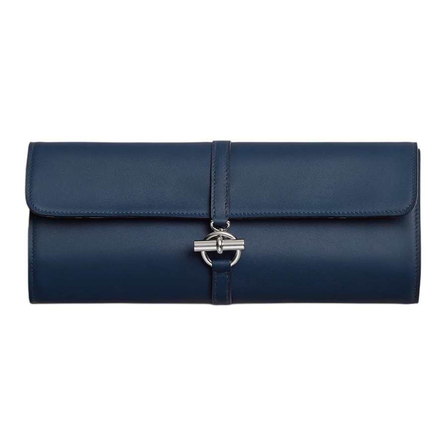 HERMES Glenan H High Technology, Silk, Swift Calfskin Clutch Unisex Navy