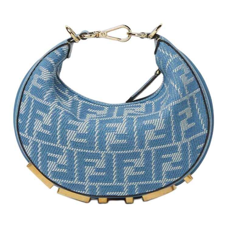 FENDI Fendigraphy Cotton Crescent Bag, One Shoulder Handbag Mini Women's Blue