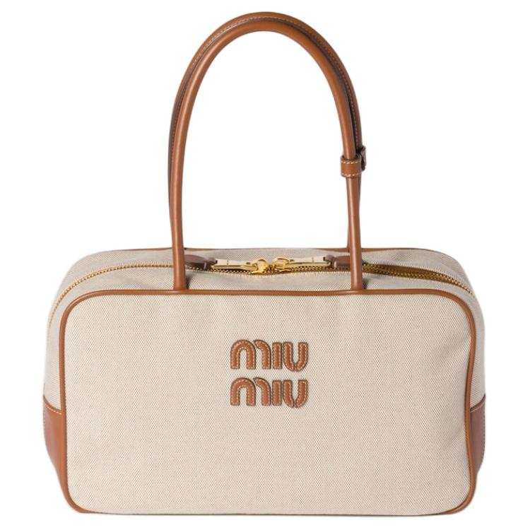 MIU MIU Beau Cotton Handbag, Shoulder Bag Women's Beige & Brandy
