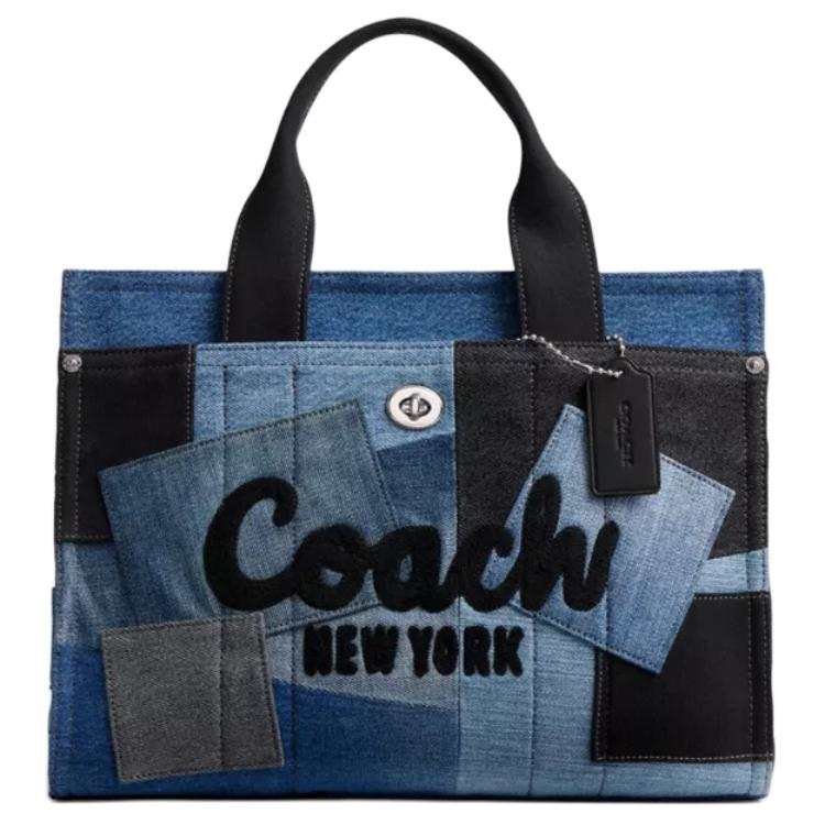 COACH Cargo Denim With Glove Tanned Leather Tote Bag, Shopping Bag, Handbag Large Women's Denim & Silver