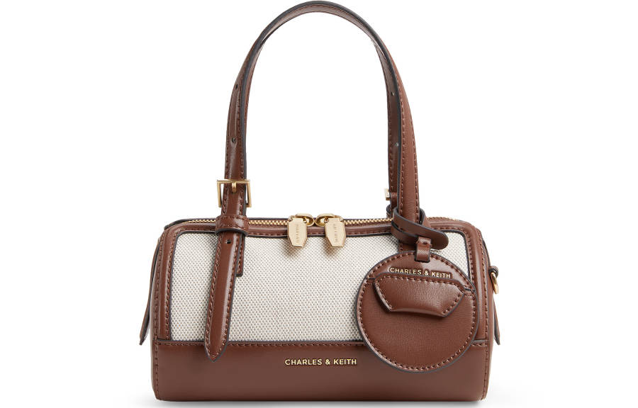 CHARLES&KEITH PU, Textile Mixture Handbag, Shoulder Bag, Crossbody Bag Small Women's Chocolate/Black