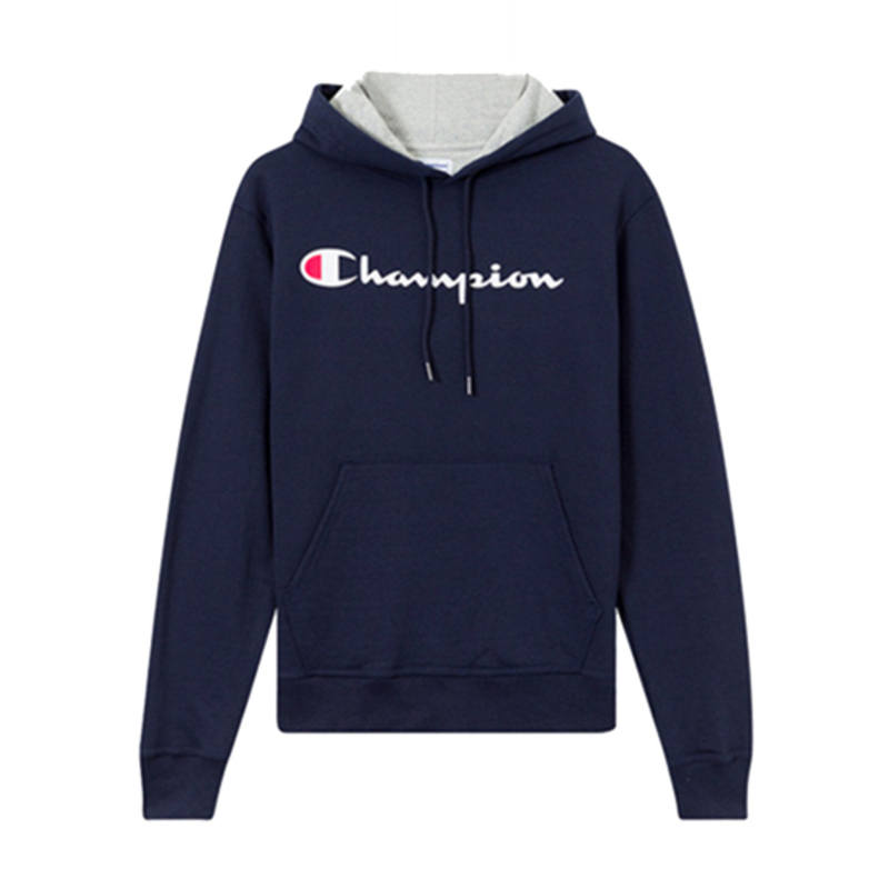 Champion Straw Written Hoodie Fleece Lined Pullover Sweatshirt US Version Unisex Navy Blue