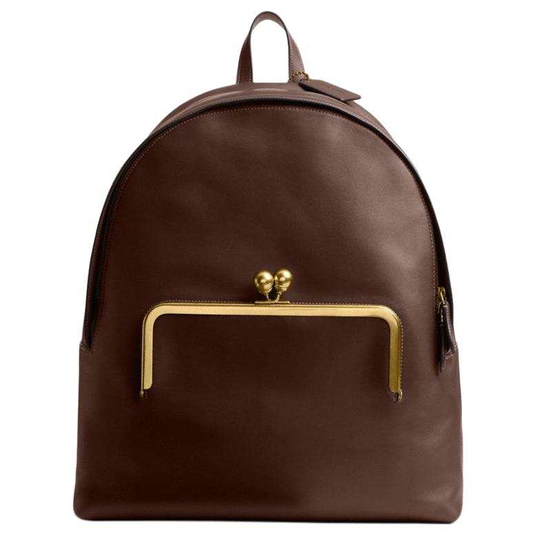COACH Kisslock Leather Backpack Large Women's Brass & Dark Brown