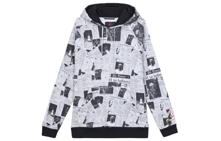 Jordan Jordan Rivals Hooded Casual Newspaper Pattern Fleece Lined Long Sleeved Sweatshirt Men's White