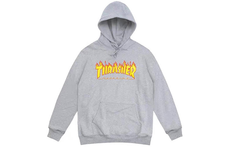 Thrasher Thrasher Flame Classic Print Fleece Lined Pullover Sweatshirt Japan Version Unisex Light Gray