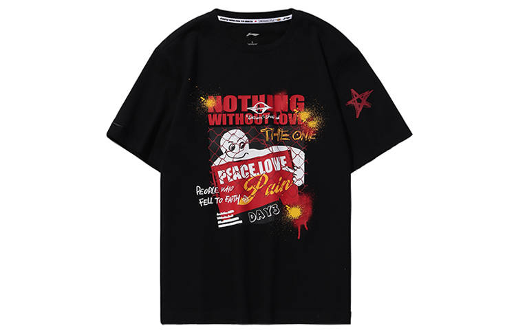 Li-Ning Li Ning T Shirts Unisex Black Crew Neck Moderate Straight Fit