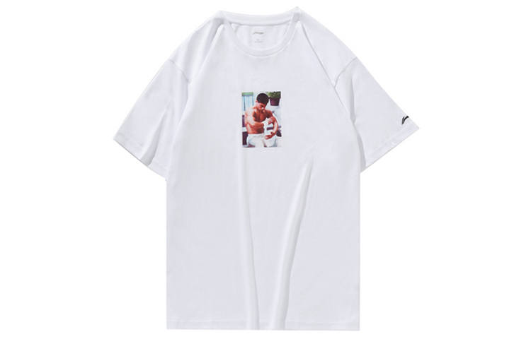 Li-Ning Li Ning T Shirts Unisex White Crew Neck Moderate Straight Fit