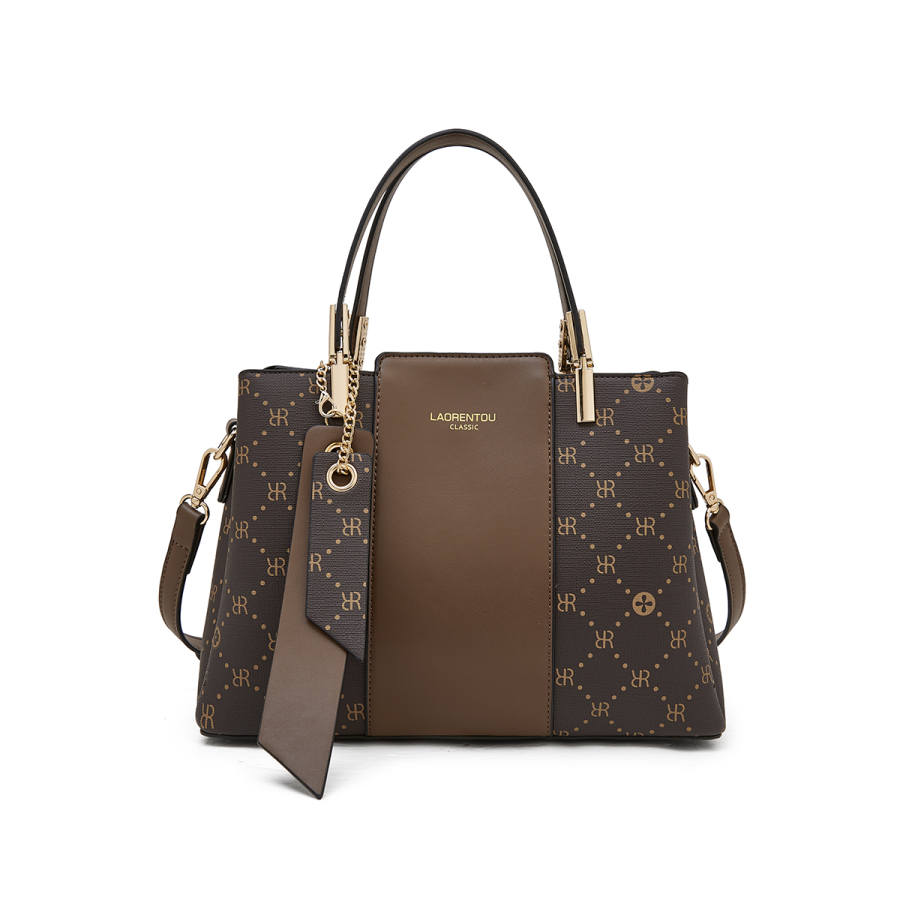 LAORENTOU Synthetic Leather Crossbody Handbag Regular Women's Dark Brown/Cream Apricot