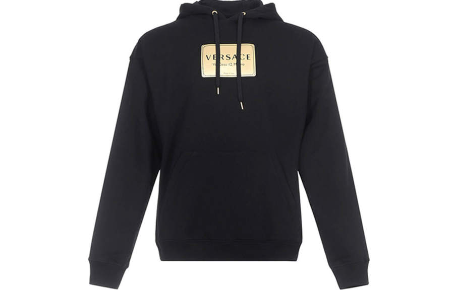 VERSACE Label Letter Logo Fleece Lined Hooded Sweatshirt Men's Black