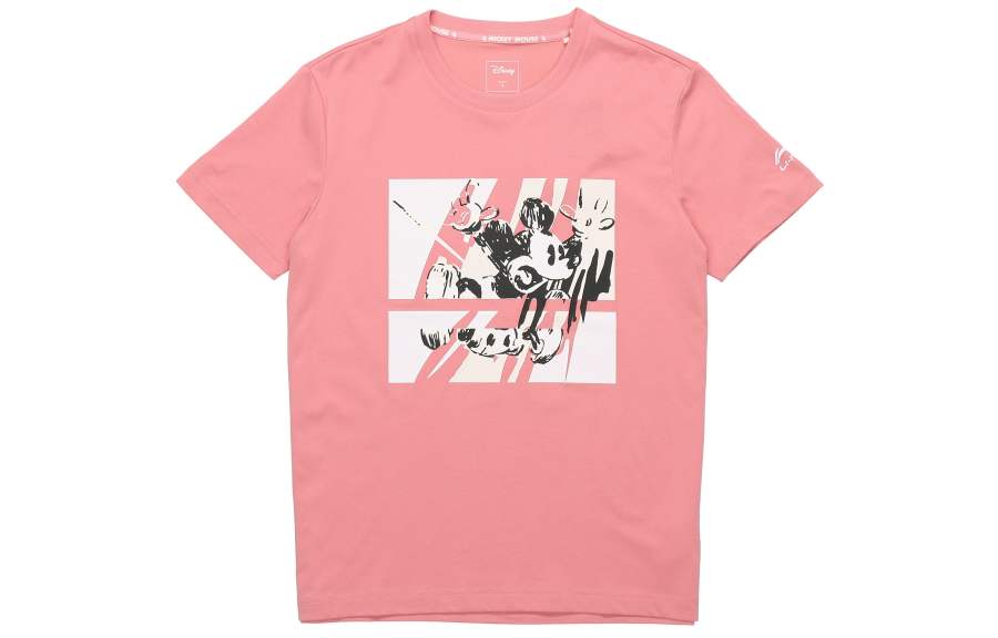 Li-Ning Li Ning X Disney T Shirts Men's Apricot Pink Crew Neck Moderate Straight Fit